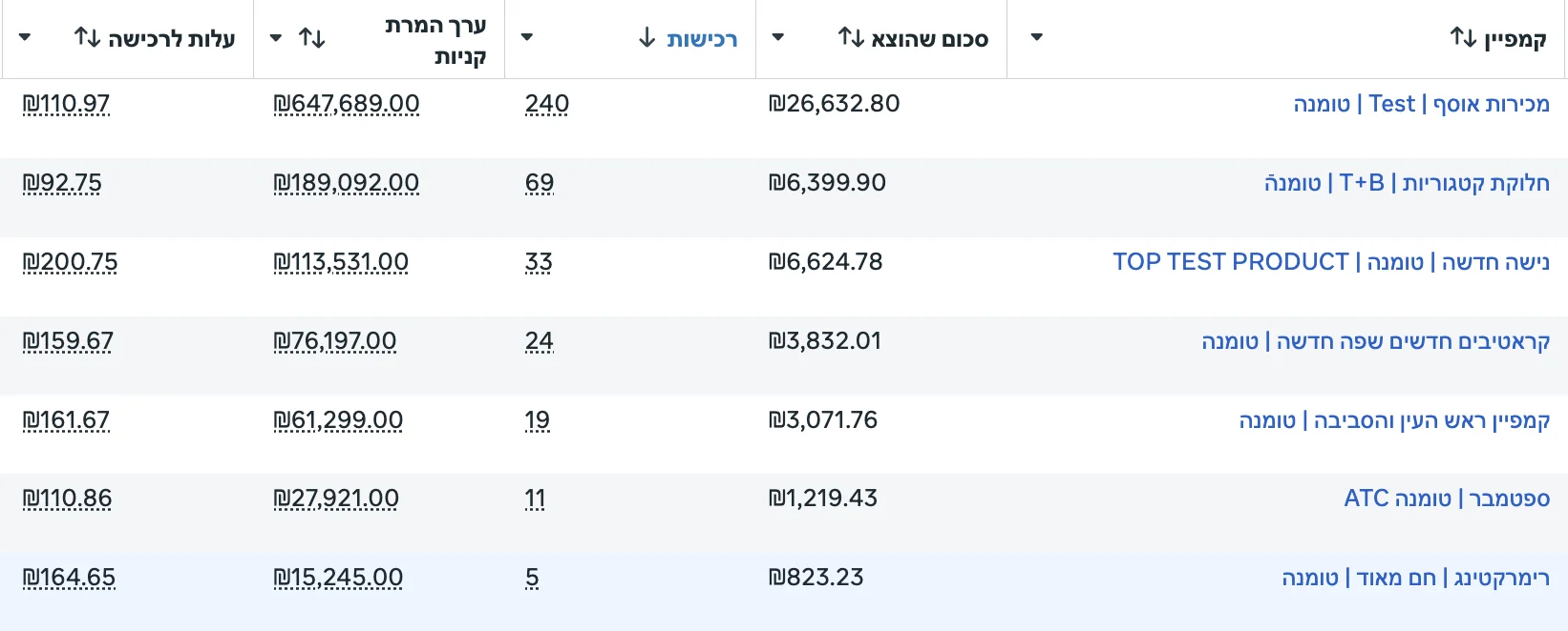 צילום מסך תוצאות E-Commerce
